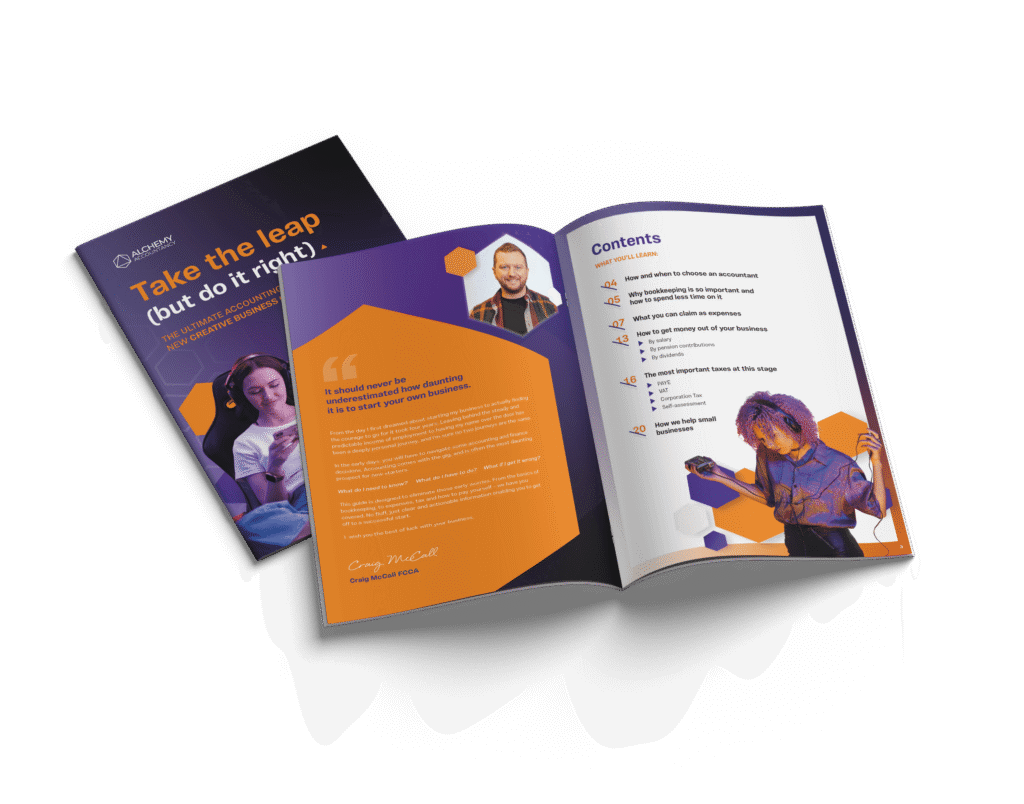 Open Alchemy Accountancy business guide brochure with purple and orange design showing contents and photos - comprehensive accounting guide for creative business owners