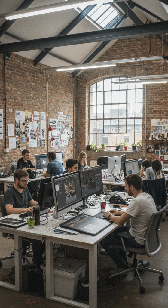 Open-plan creative studio with exposed brick walls and industrial beams where designers work at computer workstations - accounting services for creative agencies and design studios