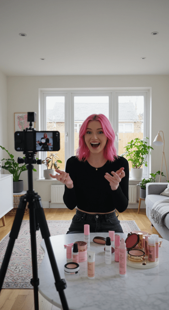 A content creator filming a beauty tutorial, surrounded by cosmetics, highlighting the growing digital influencer industry that benefits from specialized financial and accounting services.