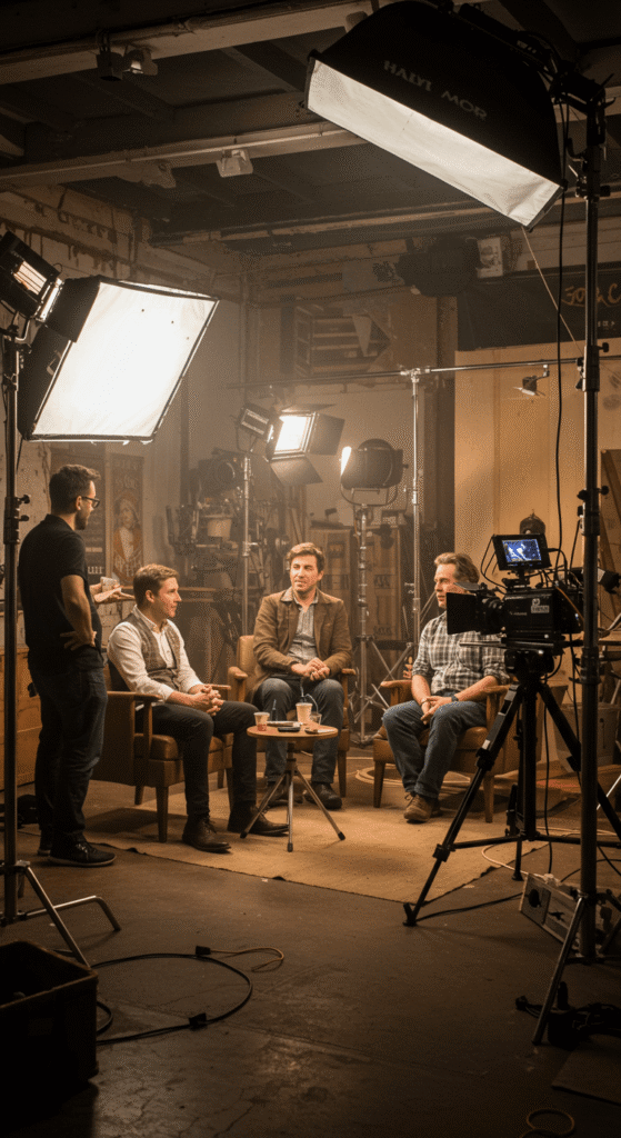 A group of professionals in a film set studio, engaging in a discussion, showcasing the creative industries that benefit from expert accounting tailored to their unique needs.