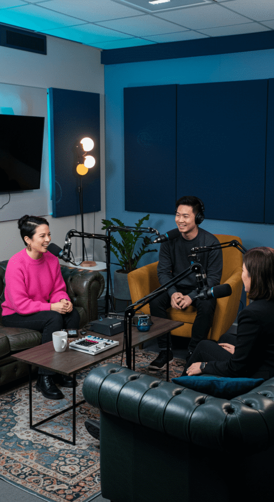 A podcast recording session with three people in a professional studio setting, illustrating the dynamic world of content creators who require specialized accounting services for their business ventures.