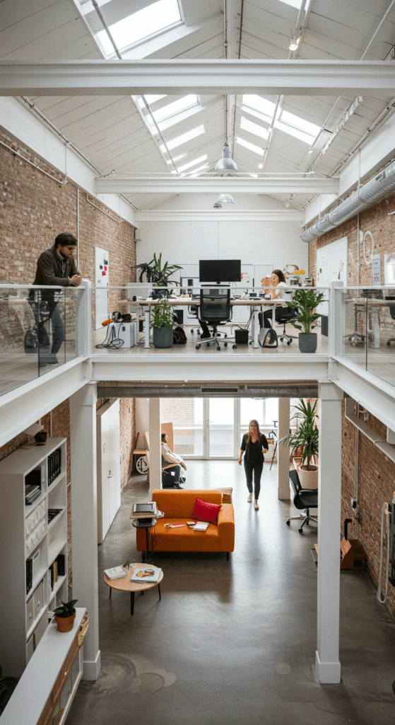 Modern two-level creative office space with exposed brick walls, skylights, and collaborative workspace areas - accounting services for creative agencies and co-working businesses