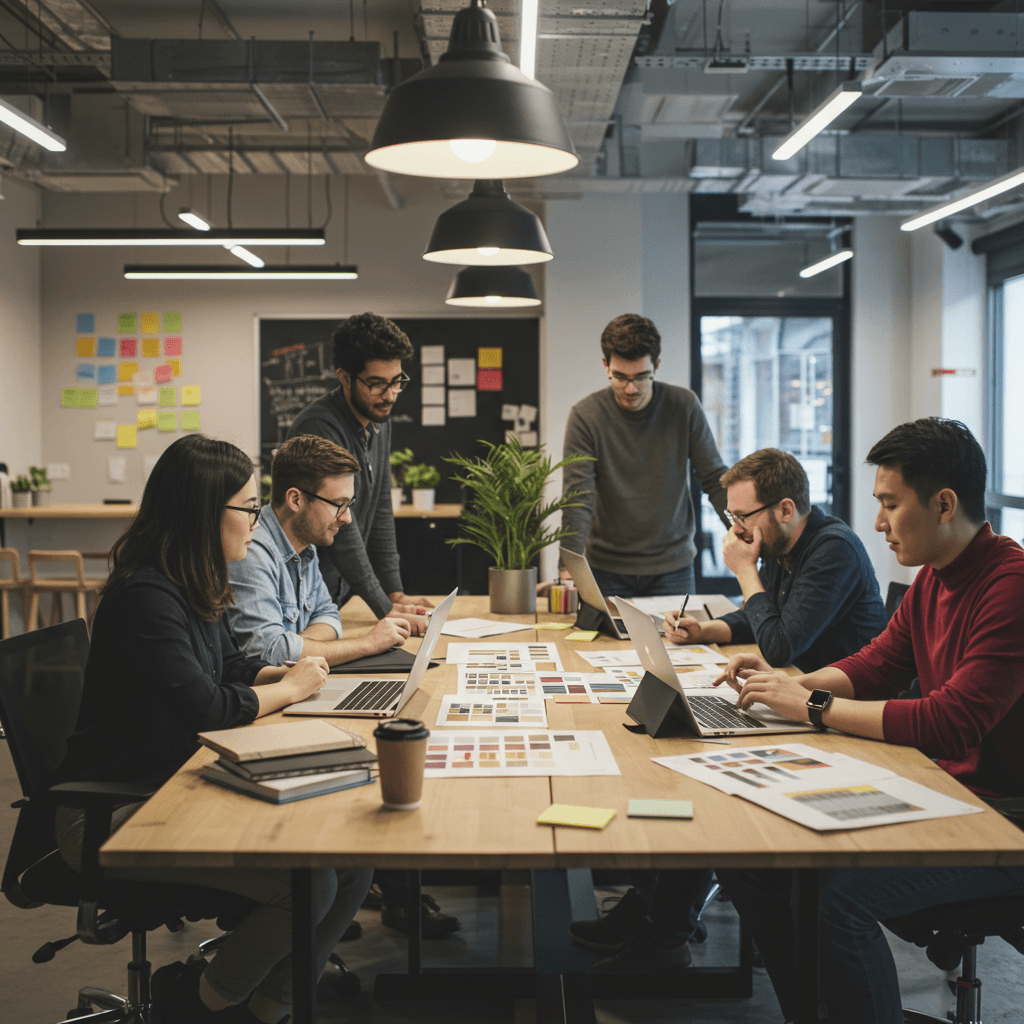 Creative team collaborating around conference table with color samples and laptops in modern industrial office space - accounting services for design agencies and collaborative creative businesses