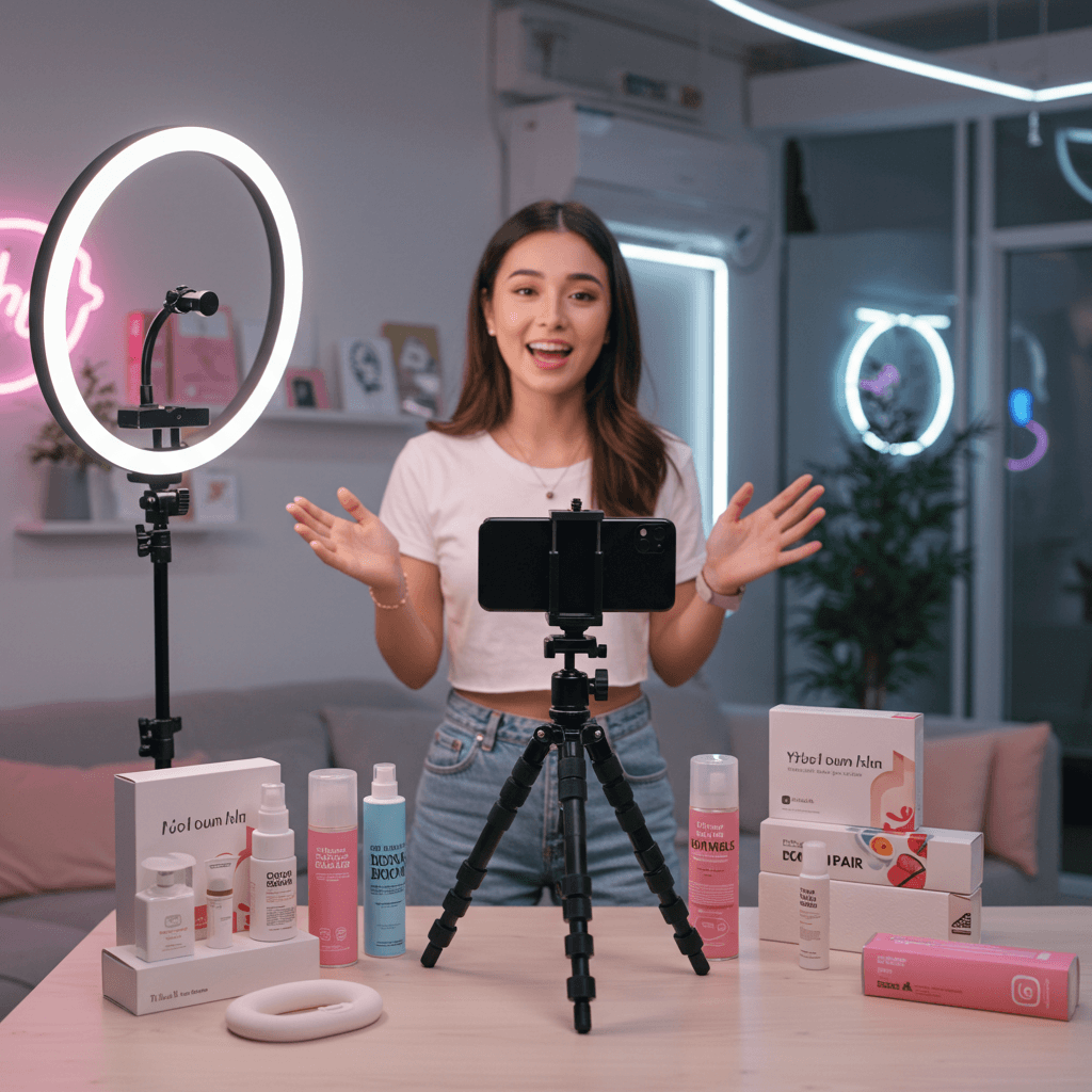 Content creator recording beauty video with ring light and product display in modern studio setup - accounting services for influencers and beauty content professionals